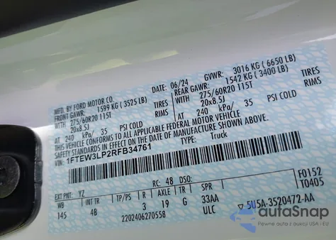 2024 Ford F150 Xlt from USA, damaged, VIN 1FTEW3LP2RFB34761